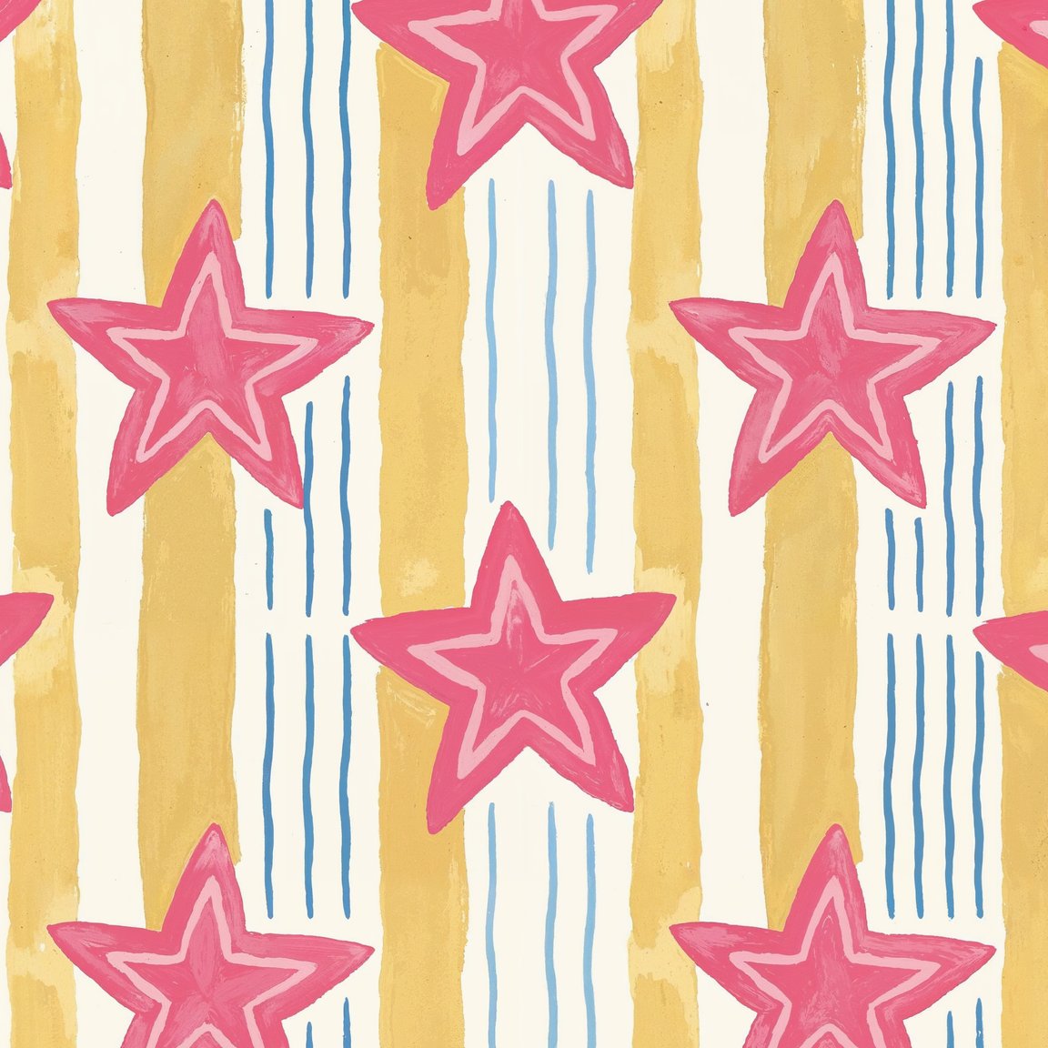 Playful pink stars on yellow and blue striped wallpaper pattern.