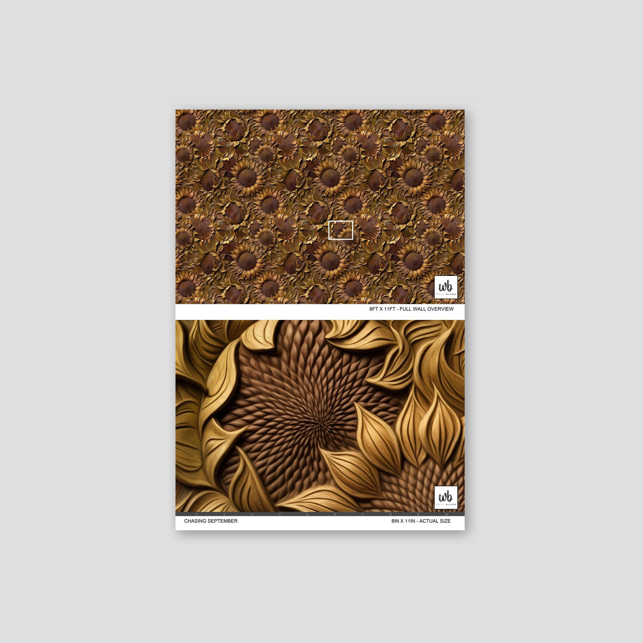Sunflower pattern wallpaper with golden tendrils and earthy tones, detailed texture.