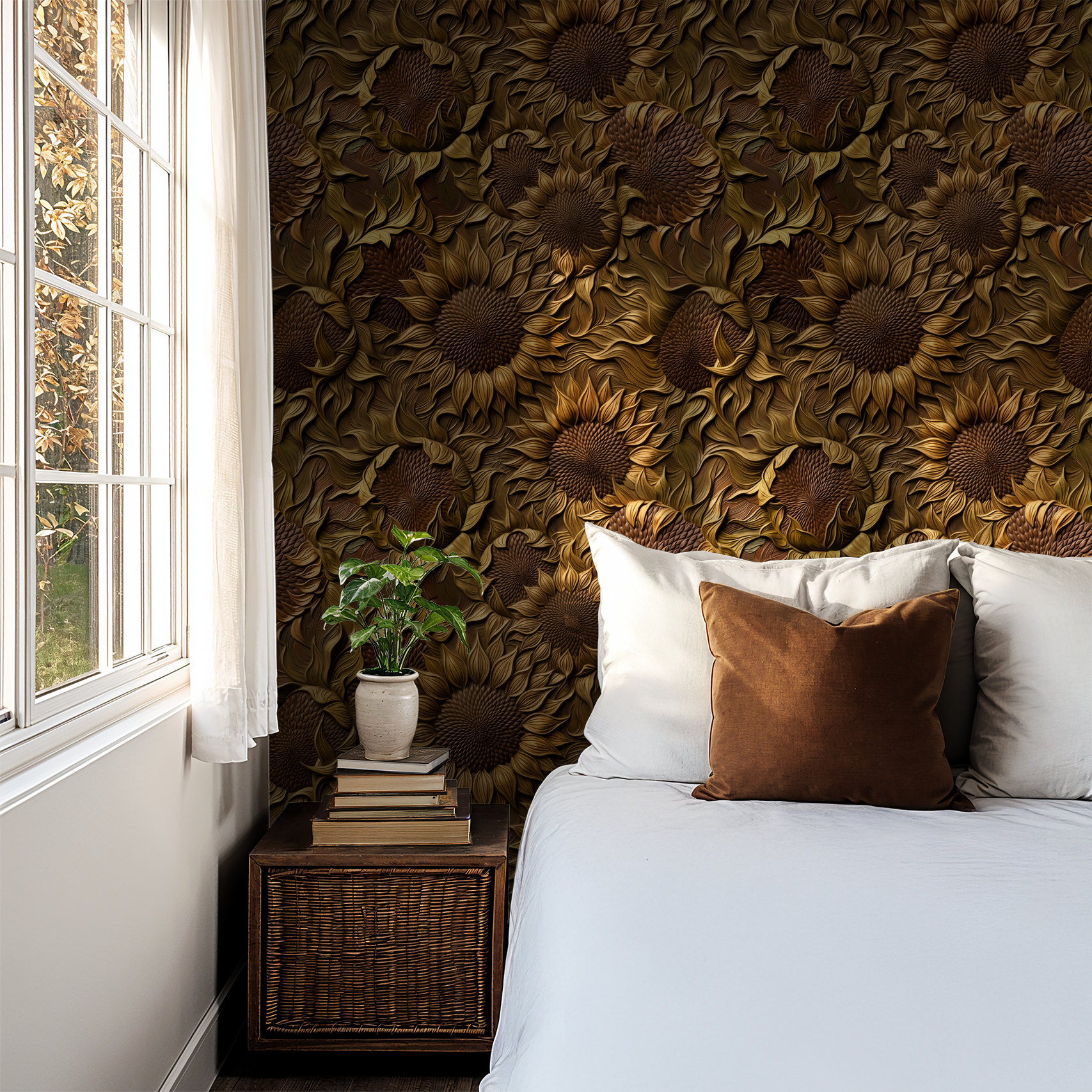 Sunflower wallpaper with earthy tones in cozy bedroom setting.