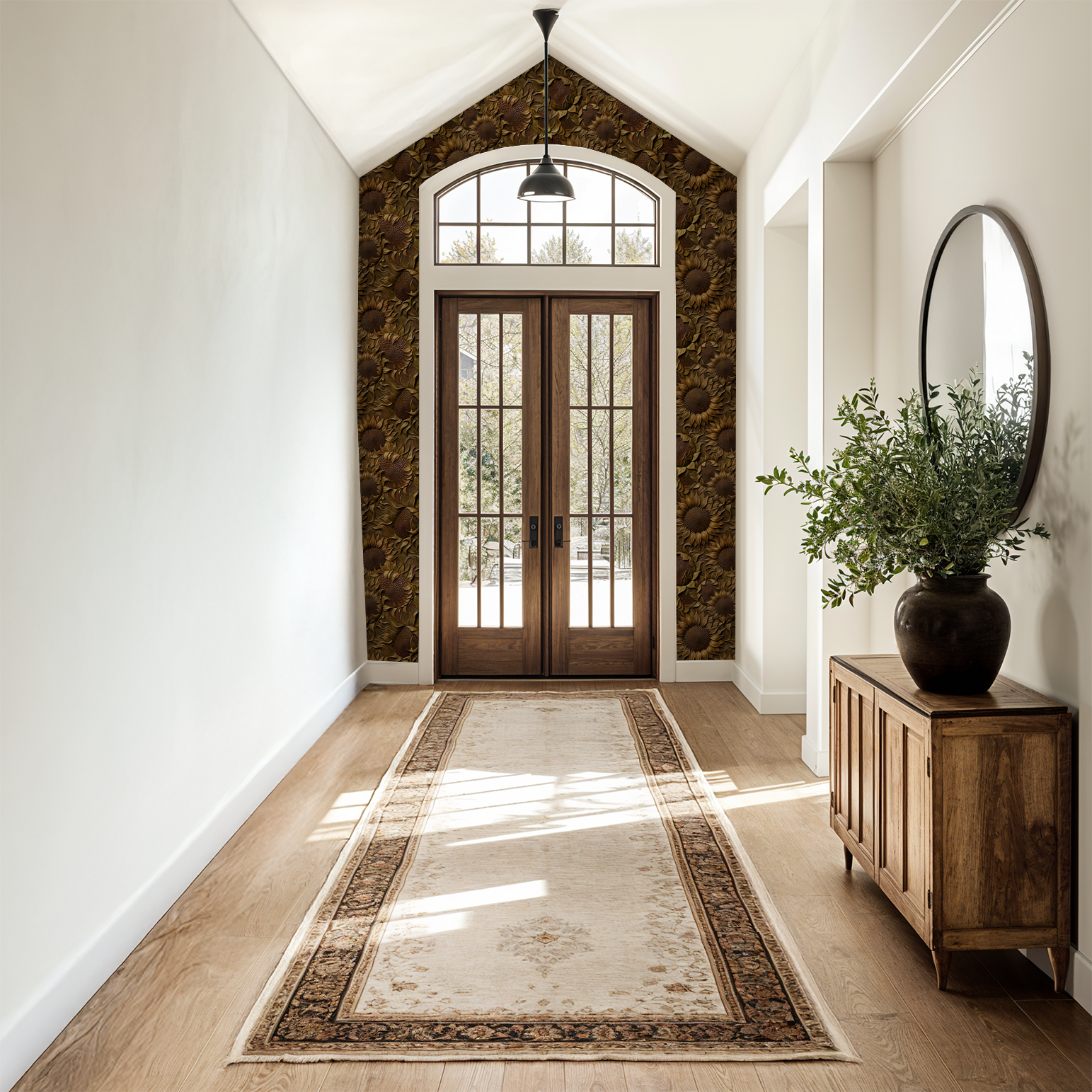 Sunflower wallpaper with earthy tones in a rustic hallway with wooden doors.
