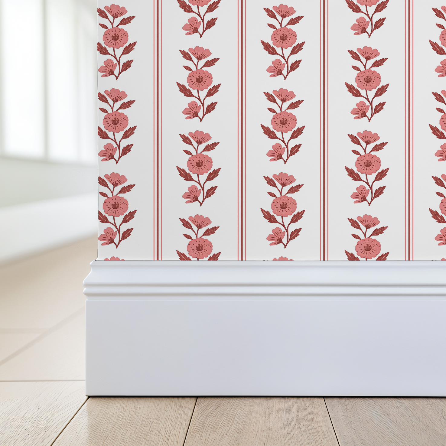 Sweet Josie Stripe close up at edge of corner baseboard