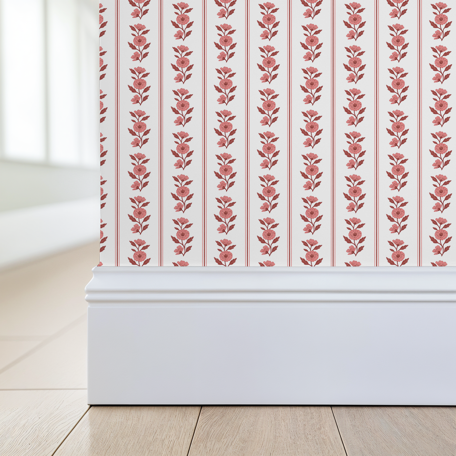 Sweet Josie Stripe wallpaper with pink floral and stripe pattern in room