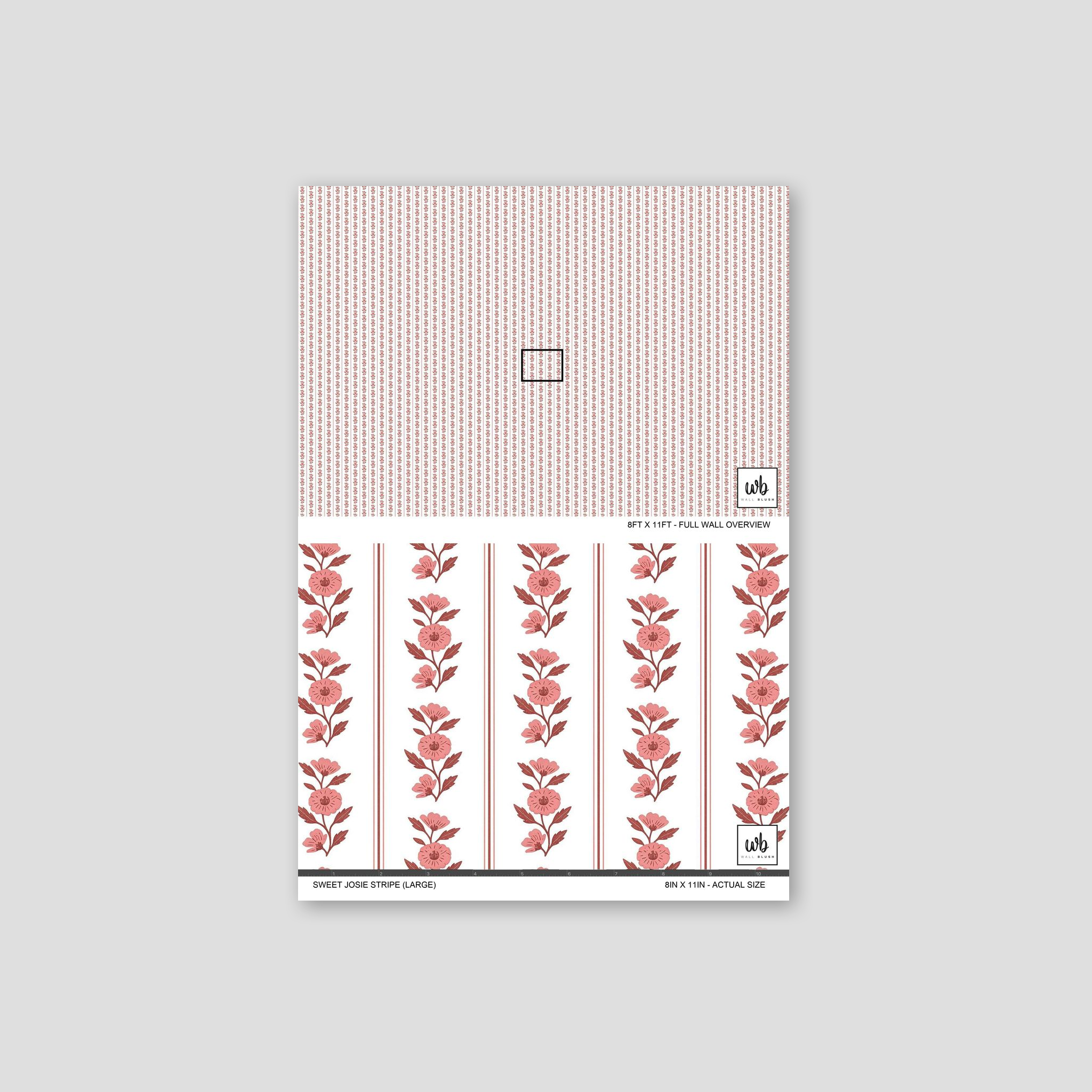Sweet Josie Stripe wallpaper with red floral vertical stripes on white background.
