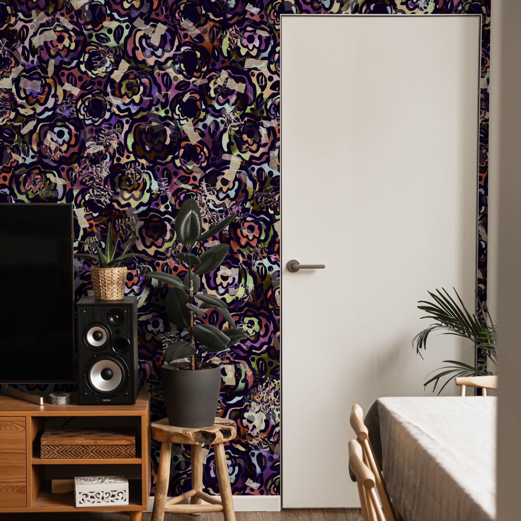 "Gypsy Wallpaper by Wall Blush adorning the walls of a stylish modern living room, accentuating the decor."