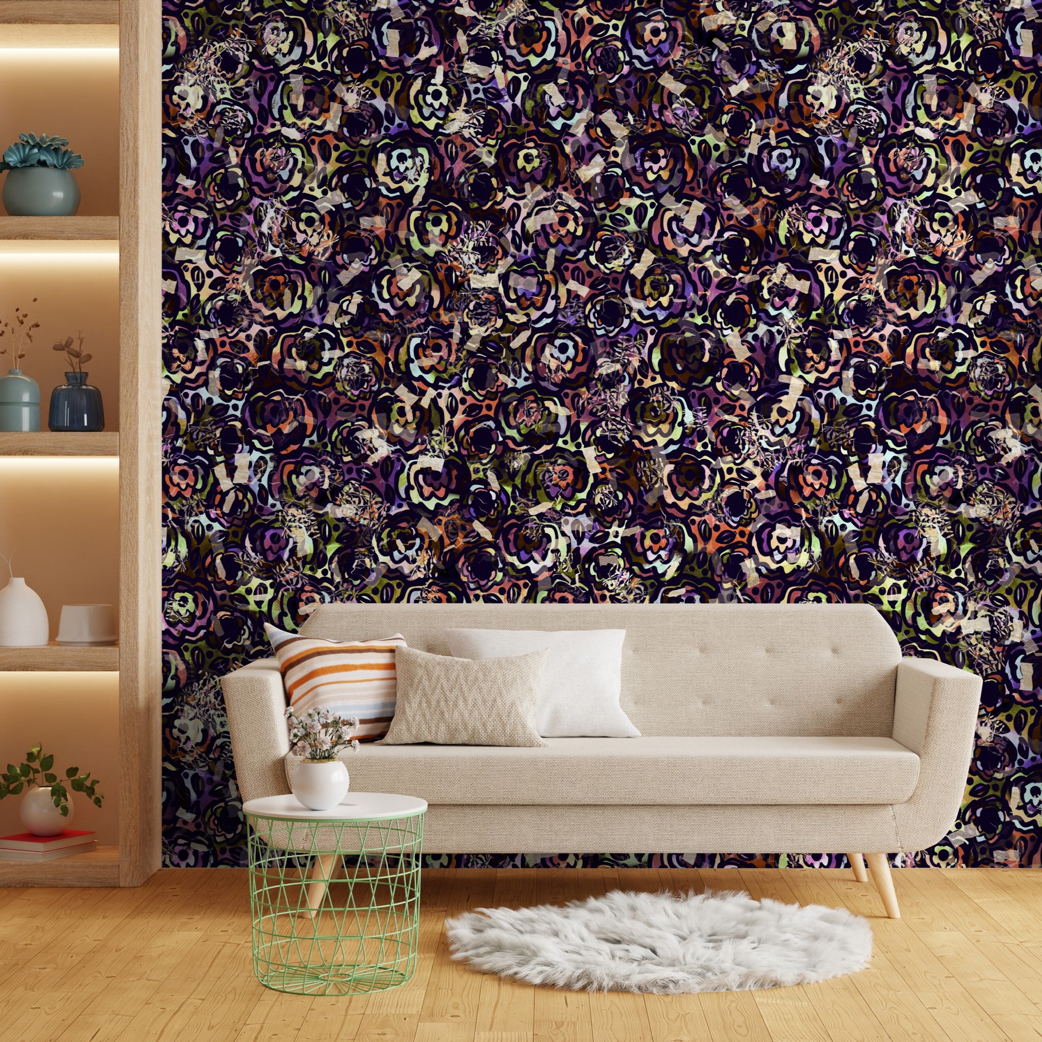 Gypsy Wallpaper by Wall Blush featured in a modern living room, vibrant floral pattern wall focus.