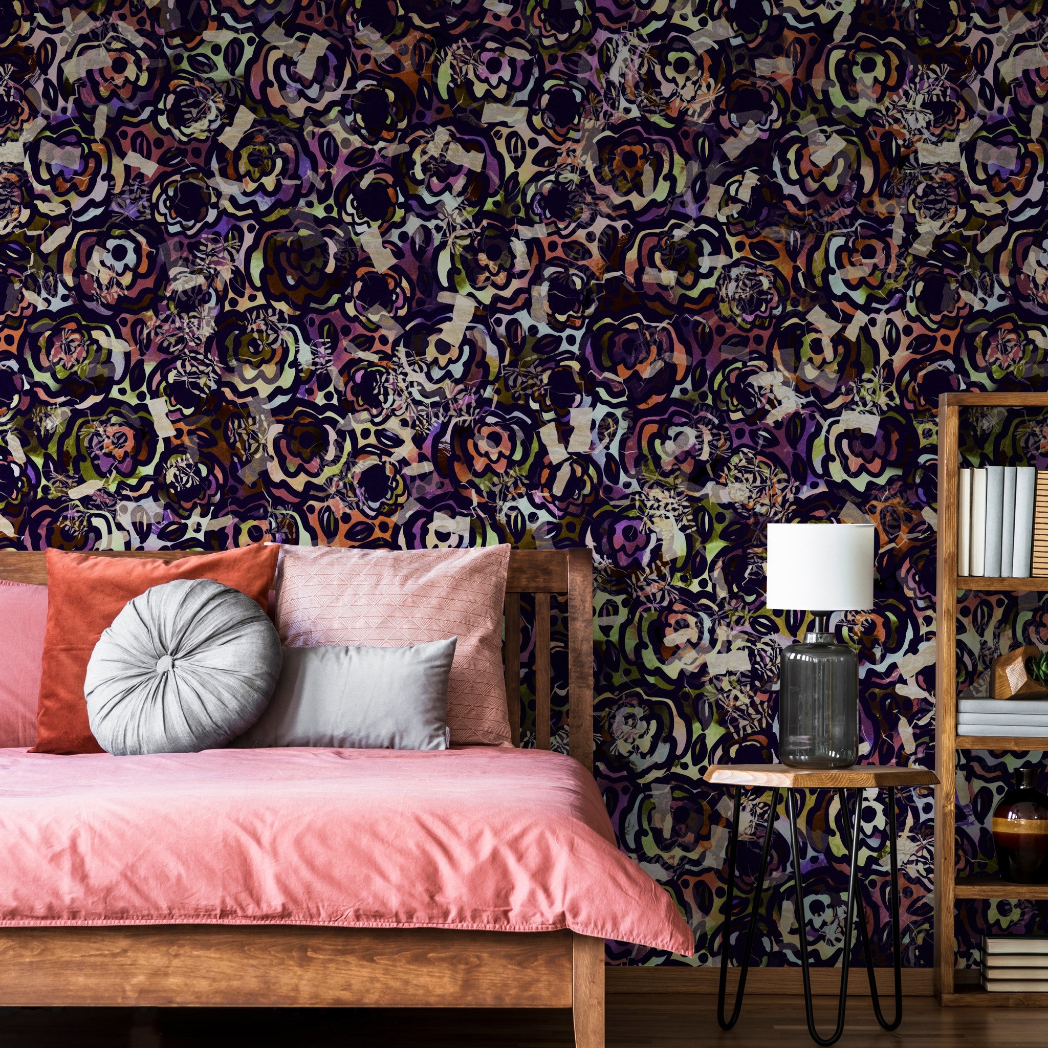 "Gypsy Wallpaper by Wall Blush, vibrant floral design in cozy bedroom, focus on wall decor"