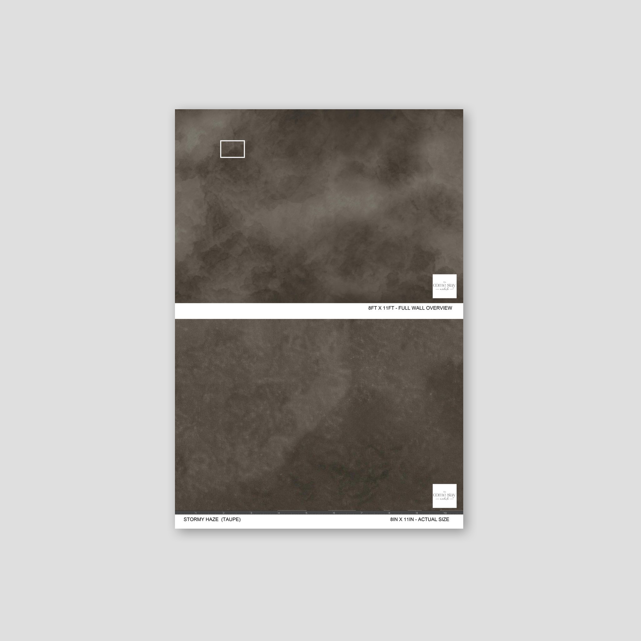 Taupe abstract stormy haze wallpaper sample with cloud-like texture.