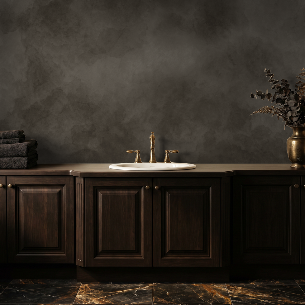 Taupe abstract wallpaper in elegant bathroom with dark wood cabinetry and gold accents.