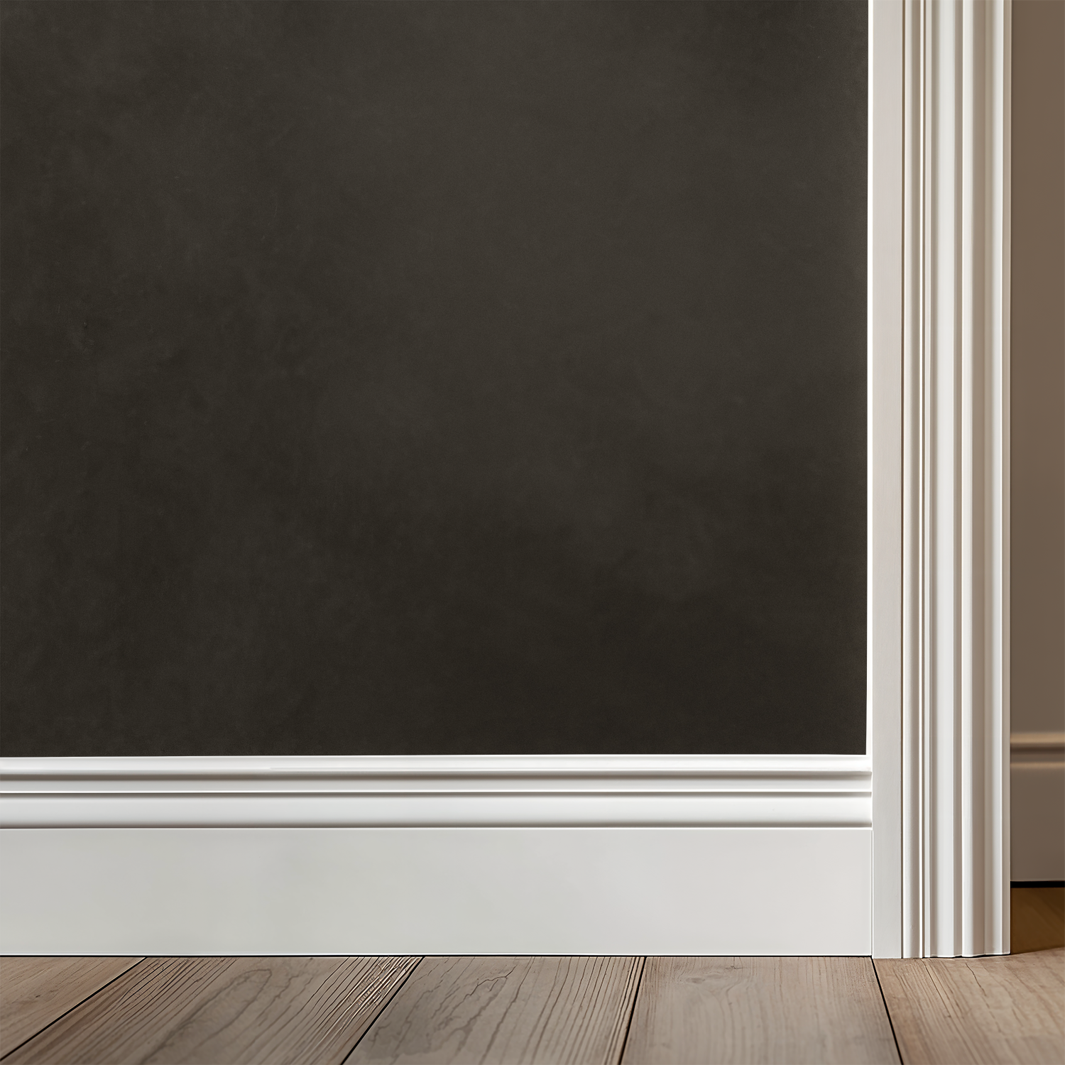 Taupe abstract wallpaper with white trim in modern room setting.
