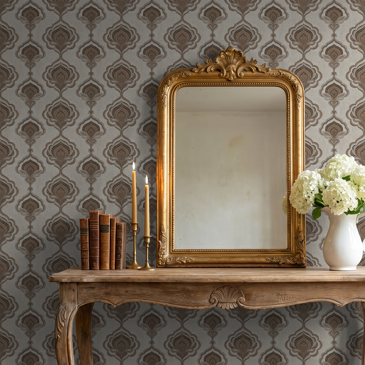 Elegant taupe and charcoal ornate wallpaper in classic room with gold mirror and floral decor.