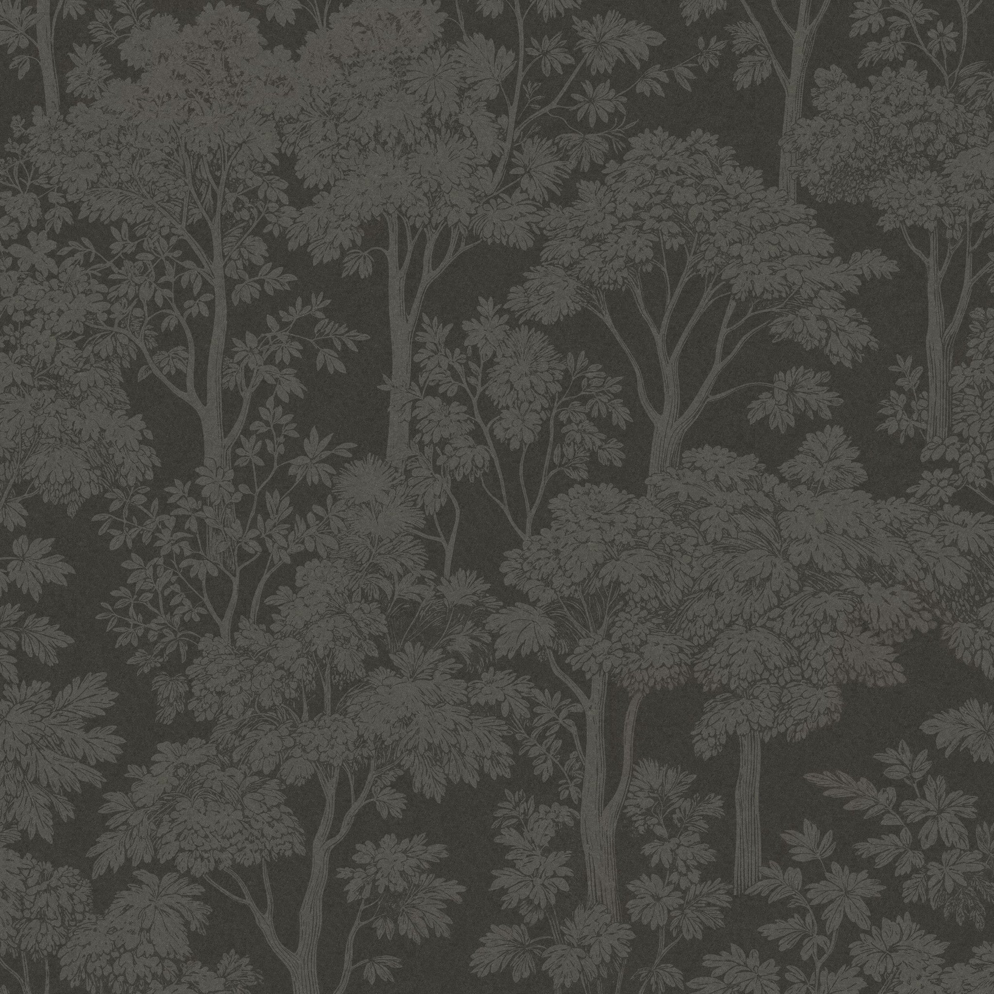 Taupe tree silhouette wallpaper with intricate foliage on dark background