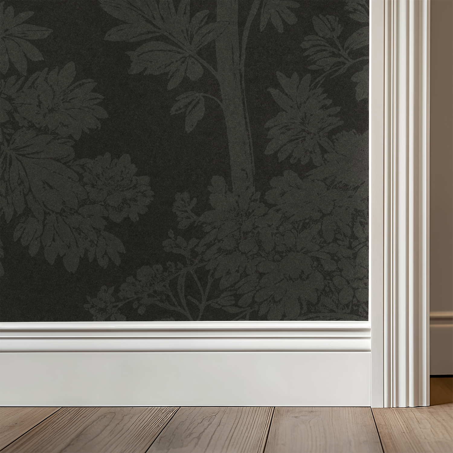 Taupe wallpaper with tree silhouettes in a modern room setting.