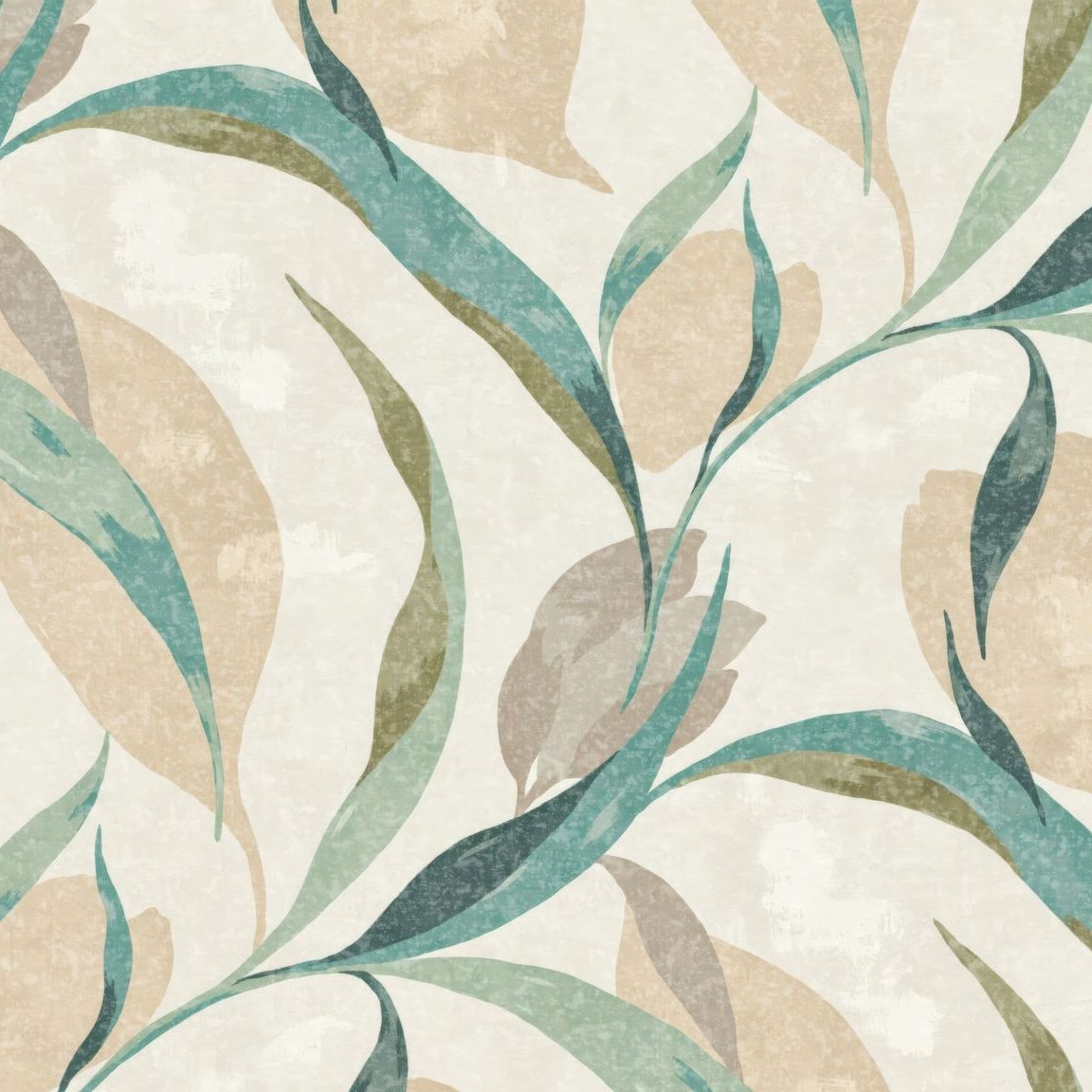 Teal and beige leaf pattern wallpaper with organic flow
