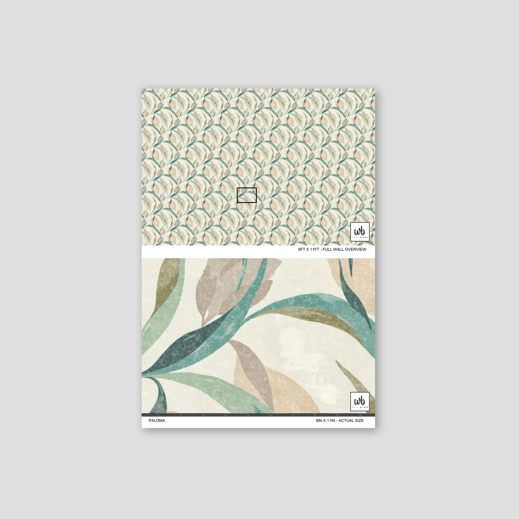 Teal and beige leaf pattern wallpaper sample with abstract botanical design.