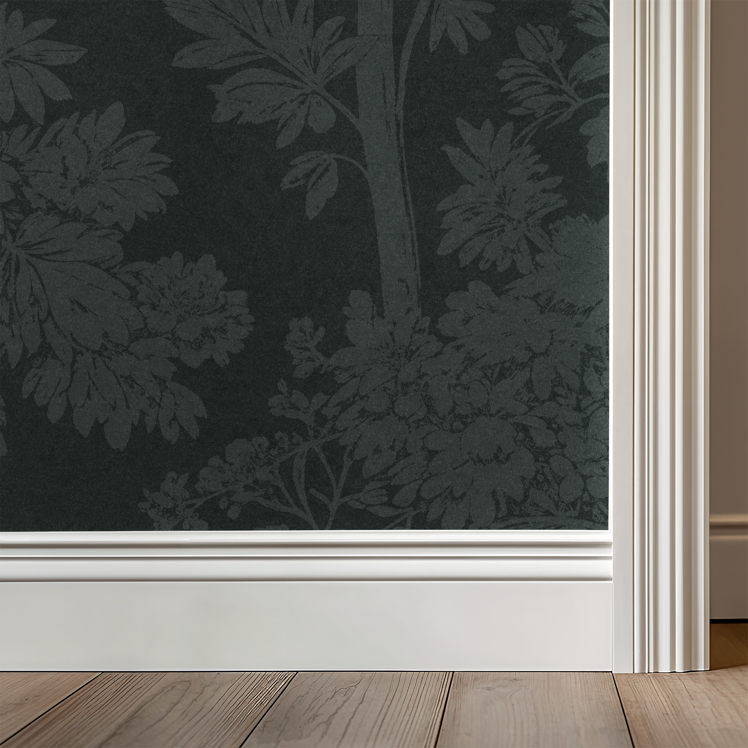 Teal botanical wallpaper with intricate tree canopy pattern in a modern room setting.