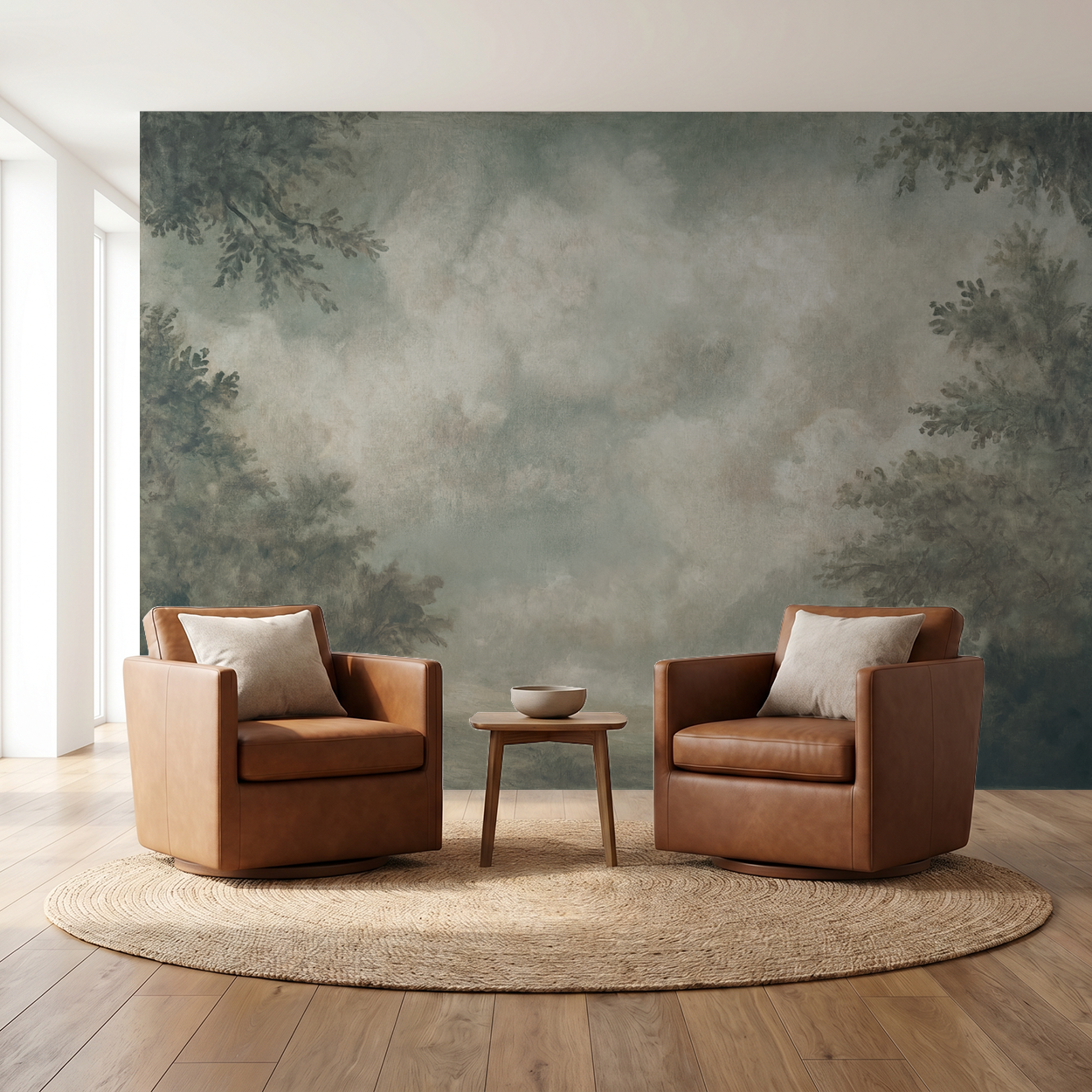 Teal cloud-patterned wallpaper in serene living room with leather chairs.