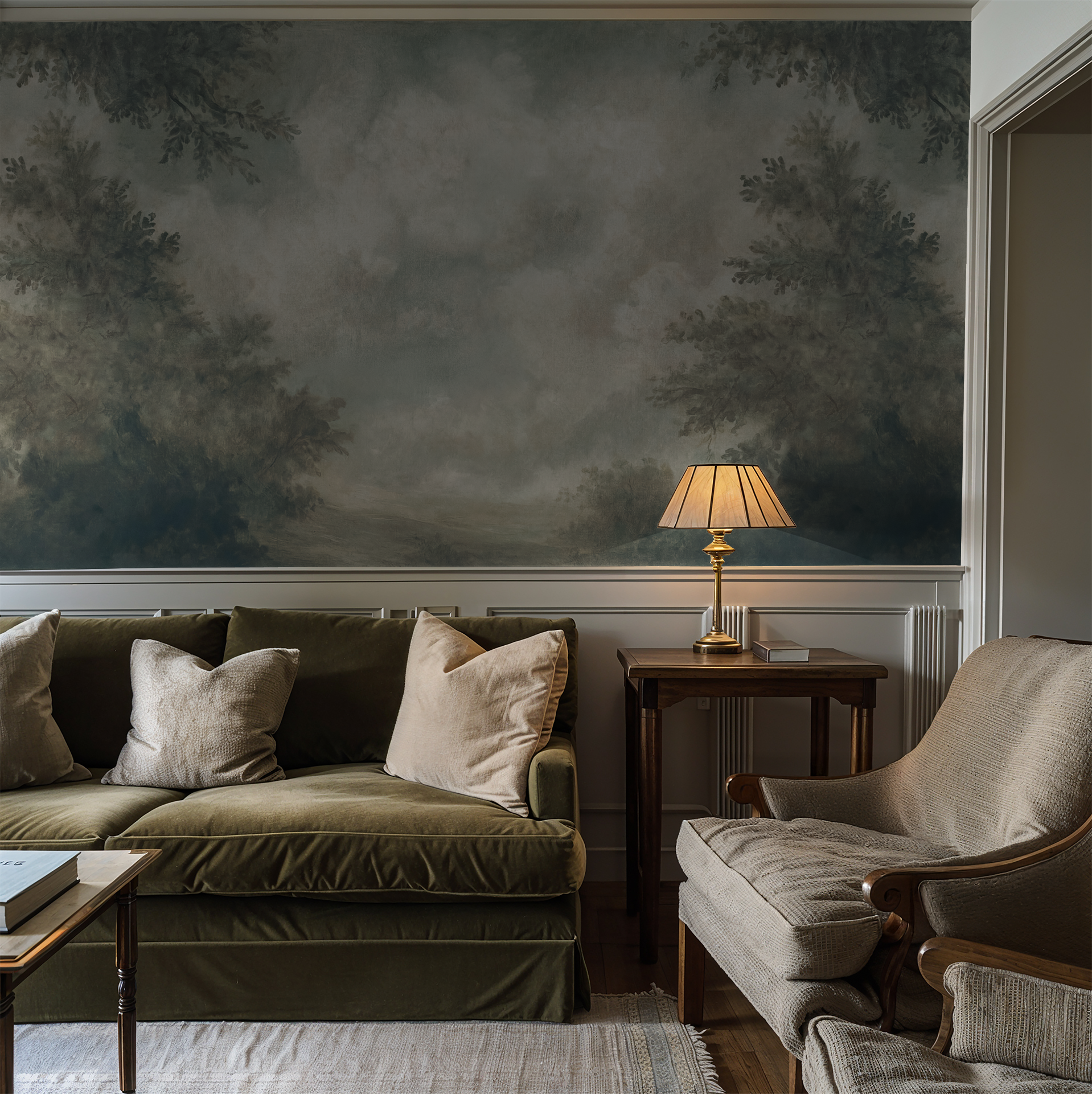 Teal cloudscape wallpaper in elegant living room with sofa and lamp.