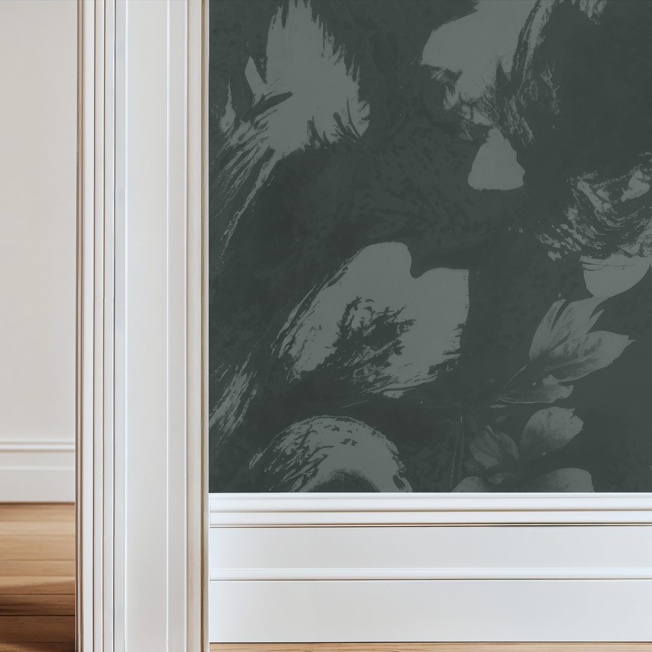 Teal floral wallpaper with abstract blooms in a modern room setting.
