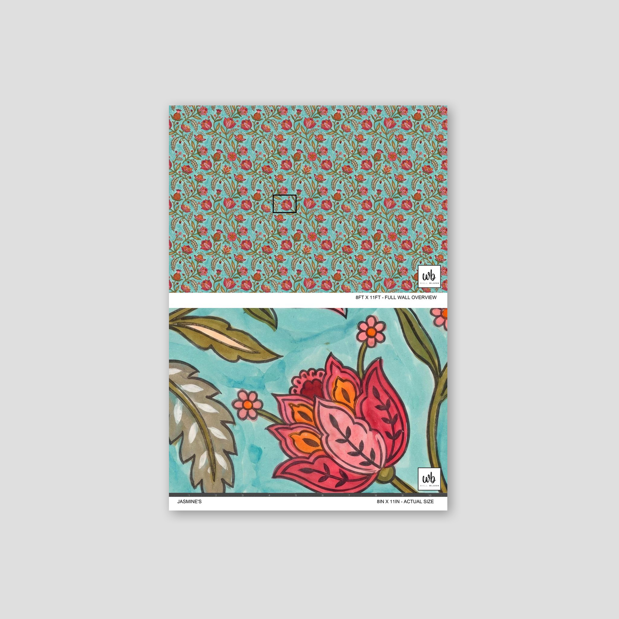 Teal wallpaper with red and orange floral motifs, vibrant and eclectic design.