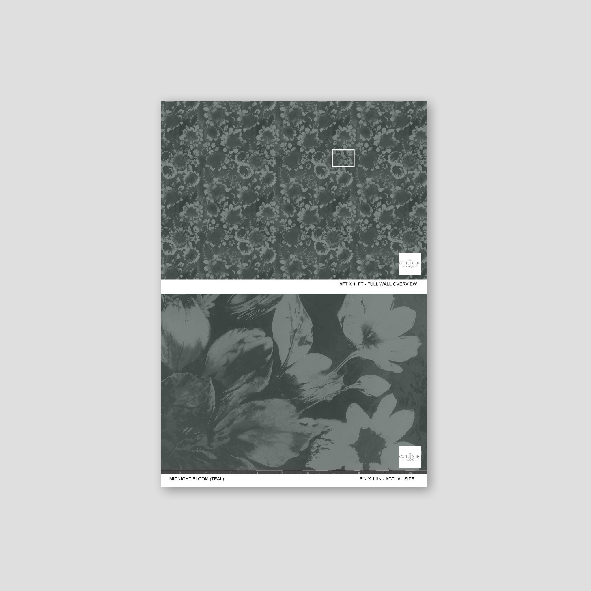 Teal floral wallpaper sample with intricate blooms and petals.