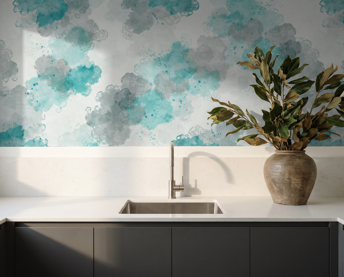 Teal and gray watercolor cloud wallpaper in modern kitchen setting.