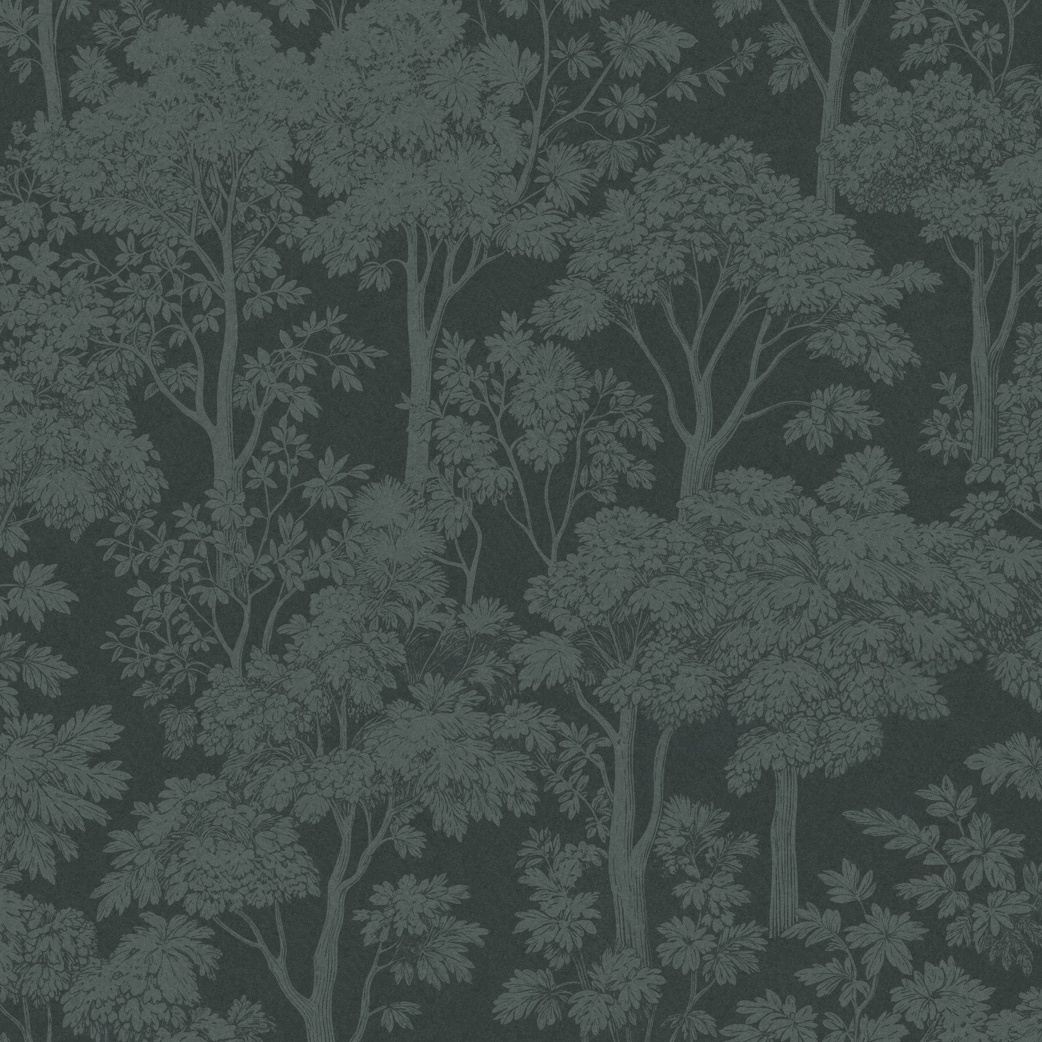 Teal tree canopy wallpaper with intricate botanical design