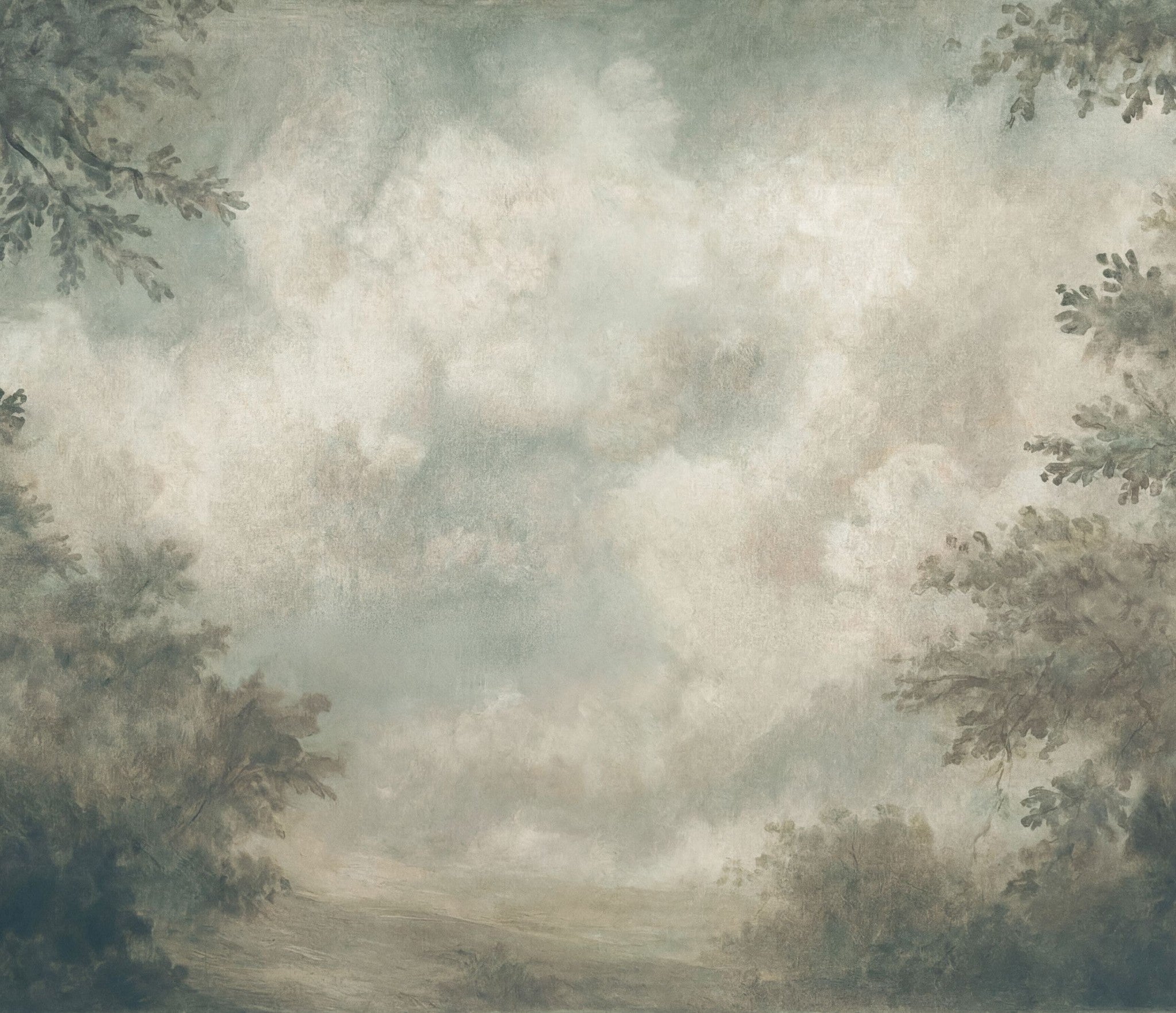 Teal weathered sky wallpaper with muted blues and greys, featuring abstract clouds and branches.