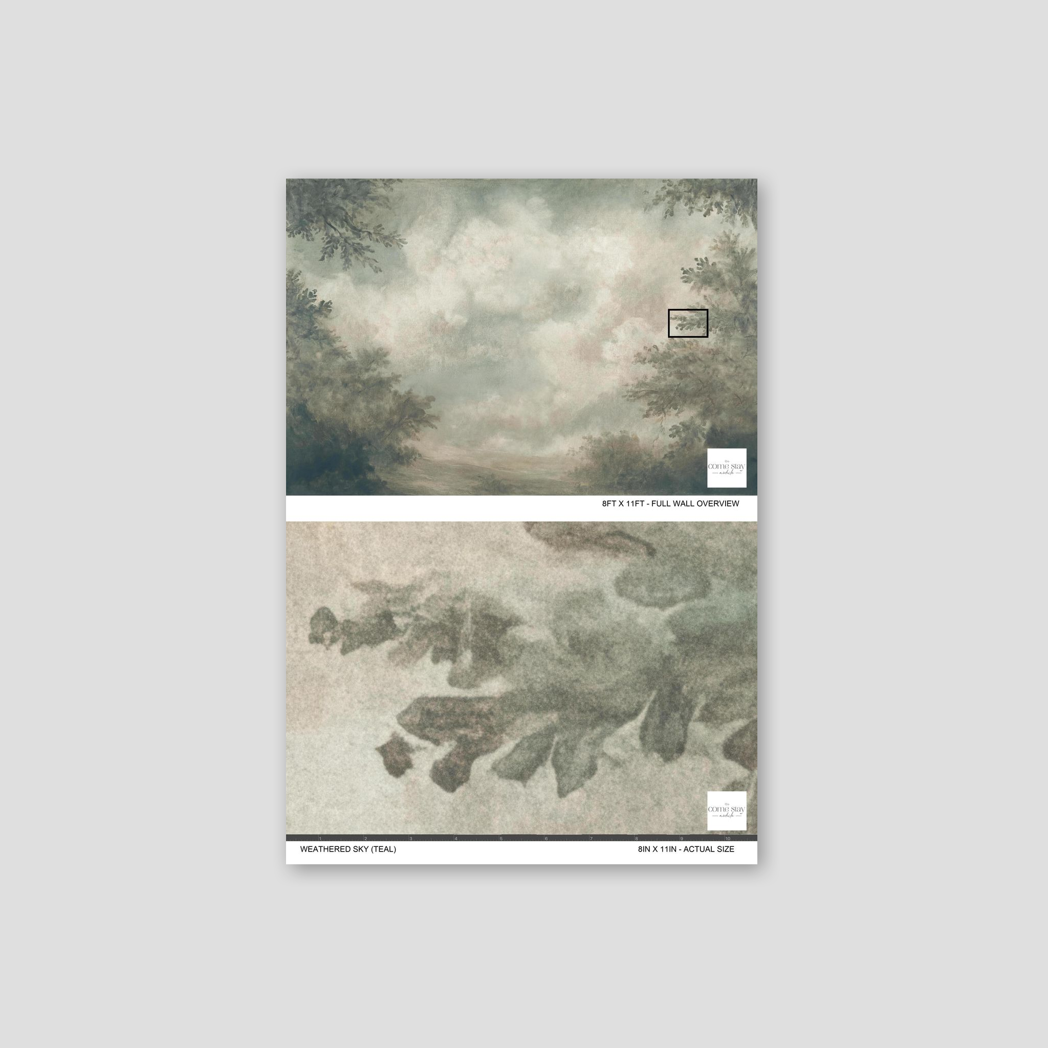 Teal weathered sky wallpaper with misty blues and greys, featuring abstract trees and clouds.