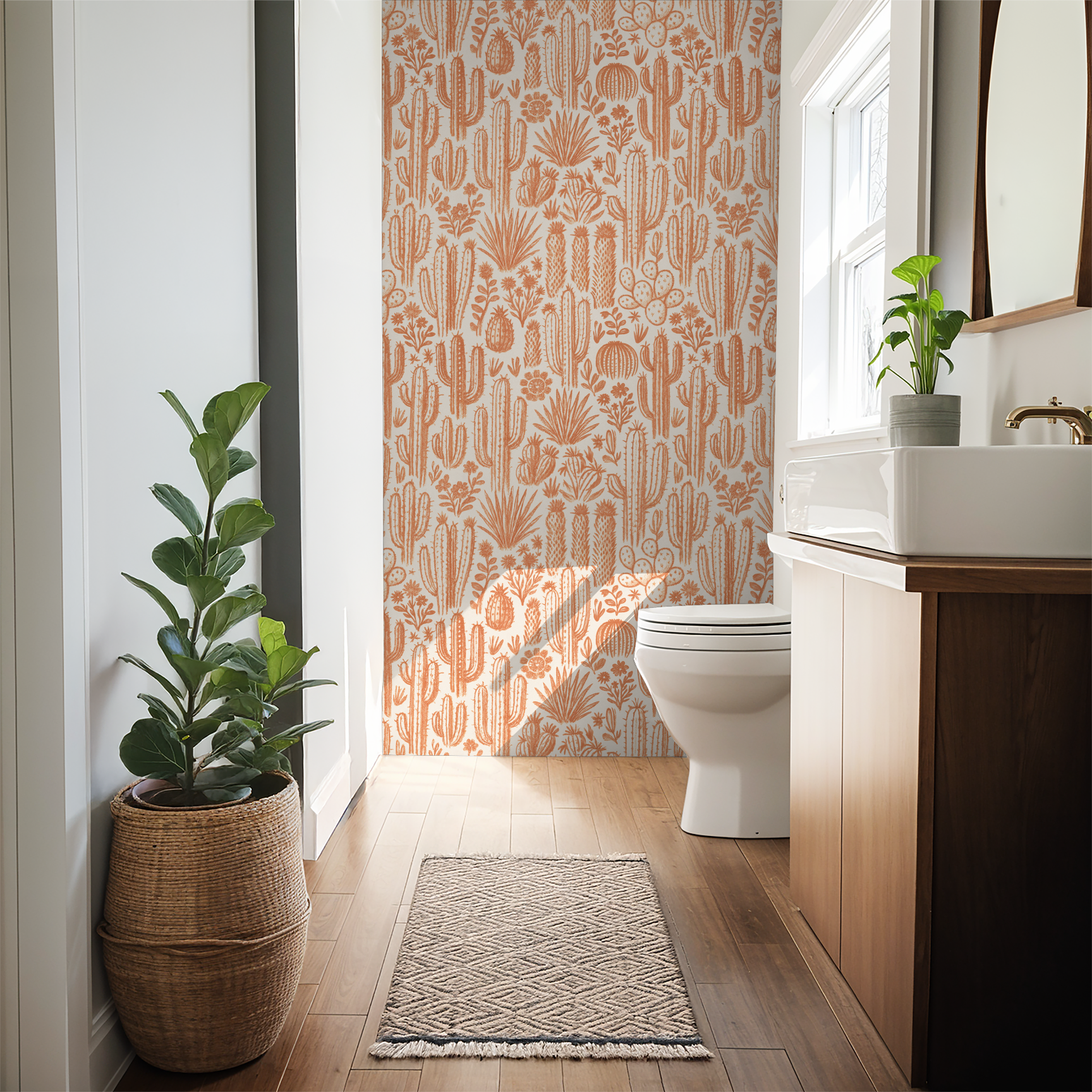 Terracotta cactus and floral wallpaper in modern bathroom with wood accents.