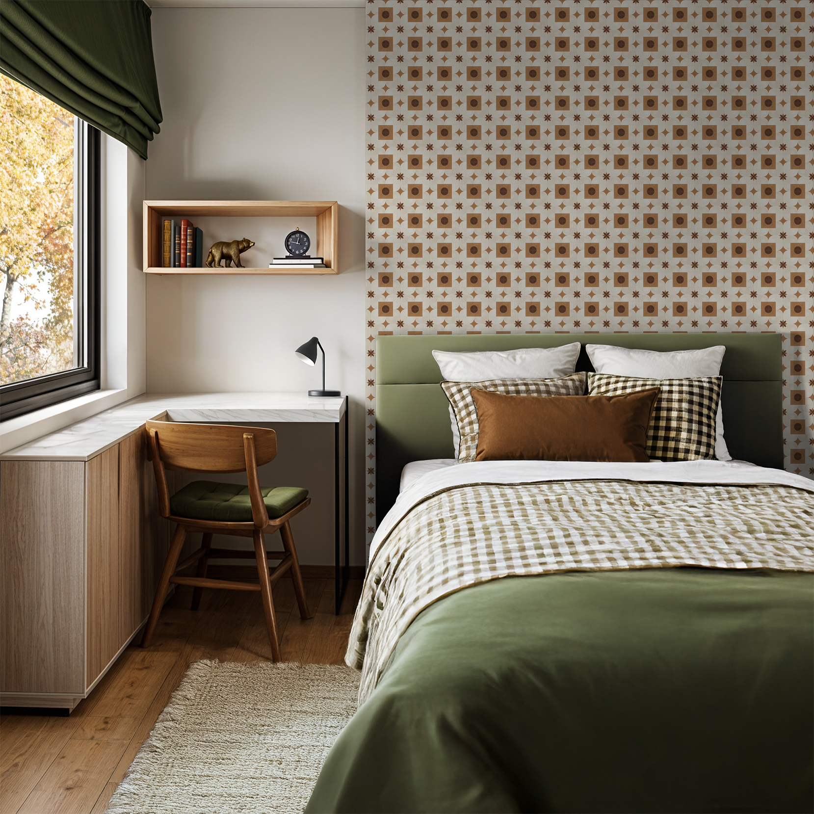 Terracotta and cream geometric wallpaper in modern bedroom with green accents.