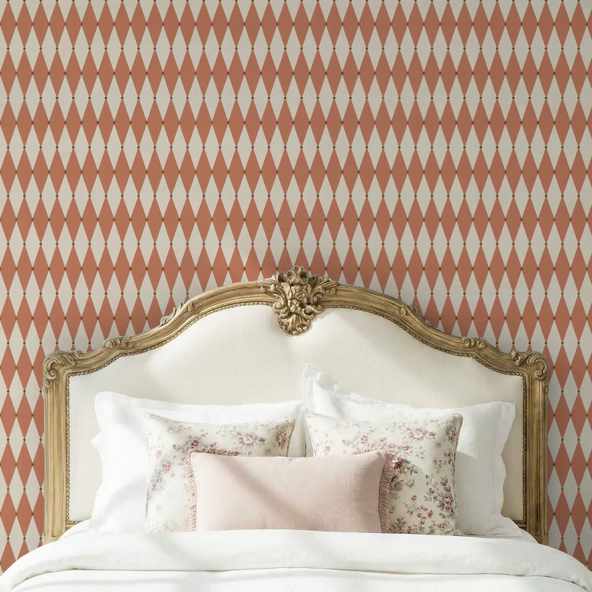 Terracotta diamond pattern wallpaper in elegant bedroom setting with ornate headboard.