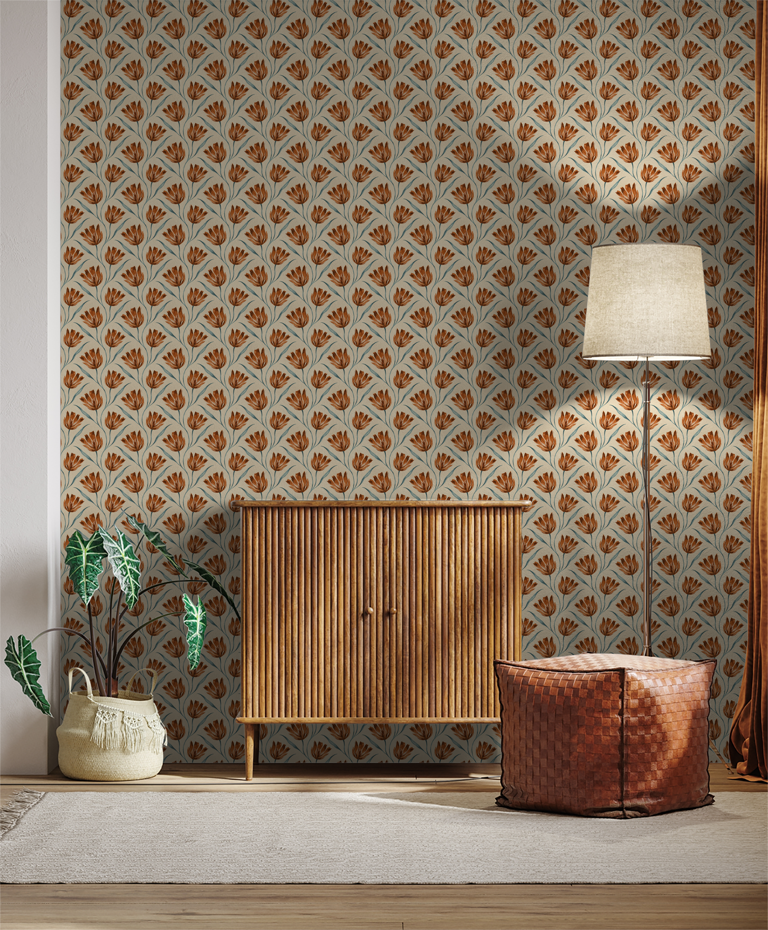 Terracotta floral wallpaper in cozy living room with wooden cabinet and floor lamp.