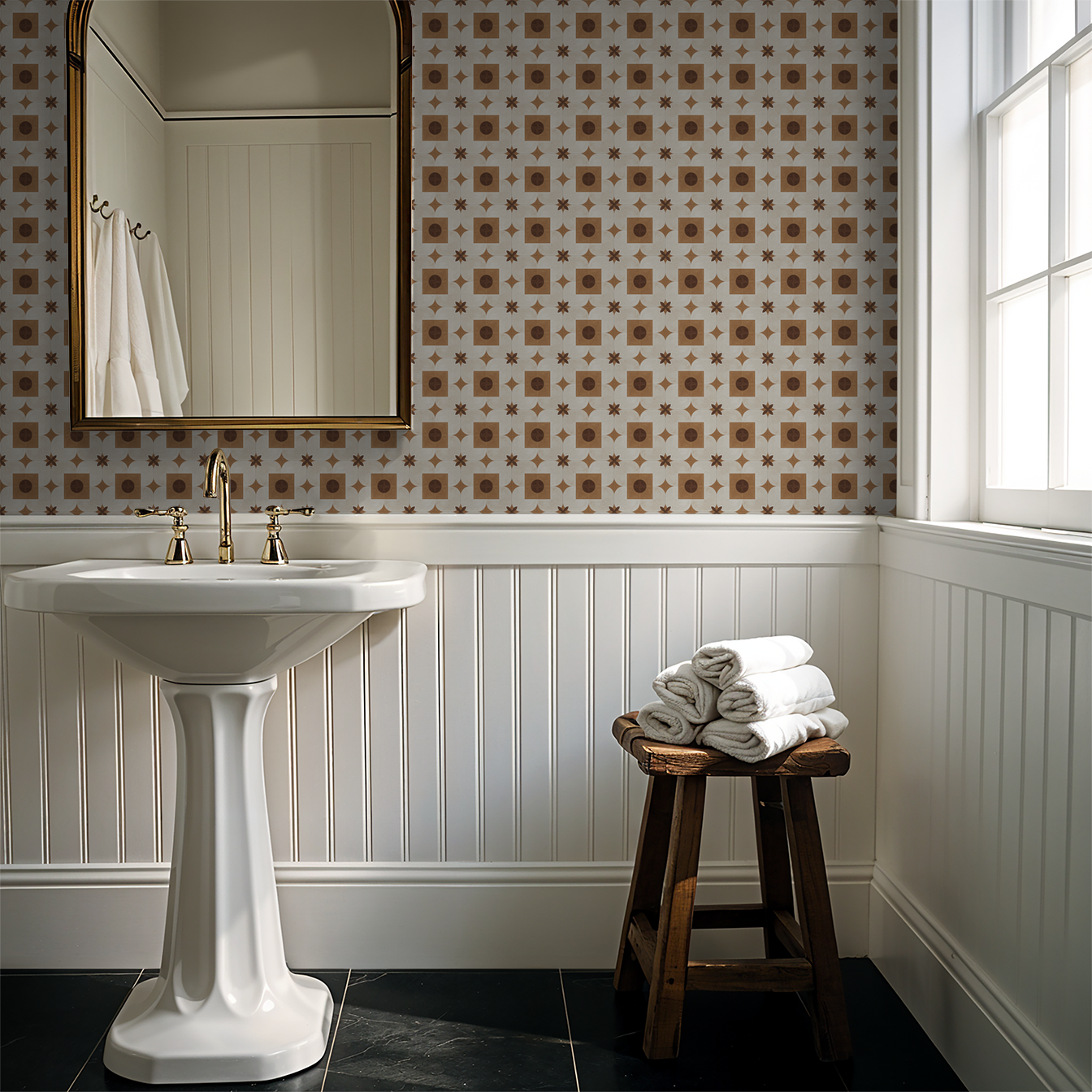 Bathroom with terracotta geometric wallpaper and pedestal sink