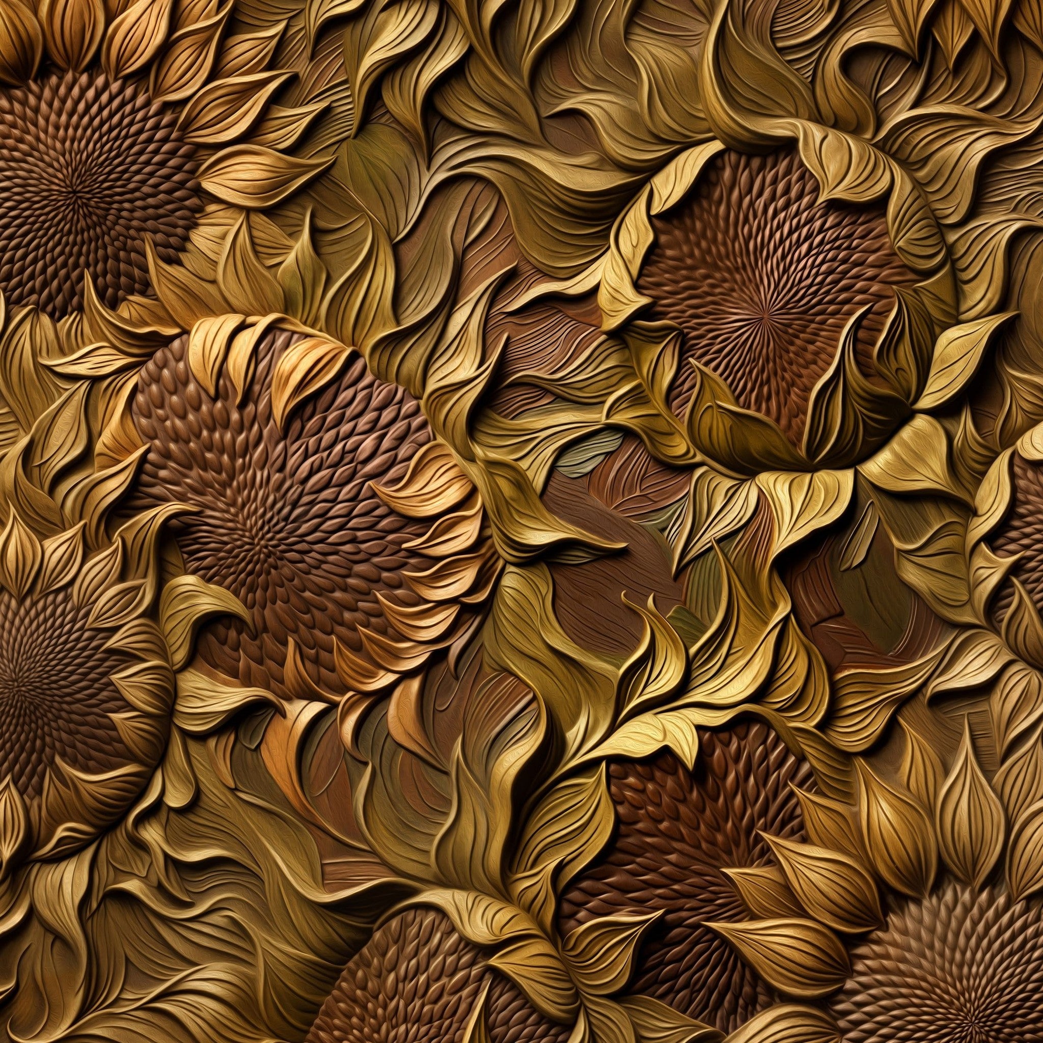 Textured sunflower wallpaper with golden tendrils and earthy tones.