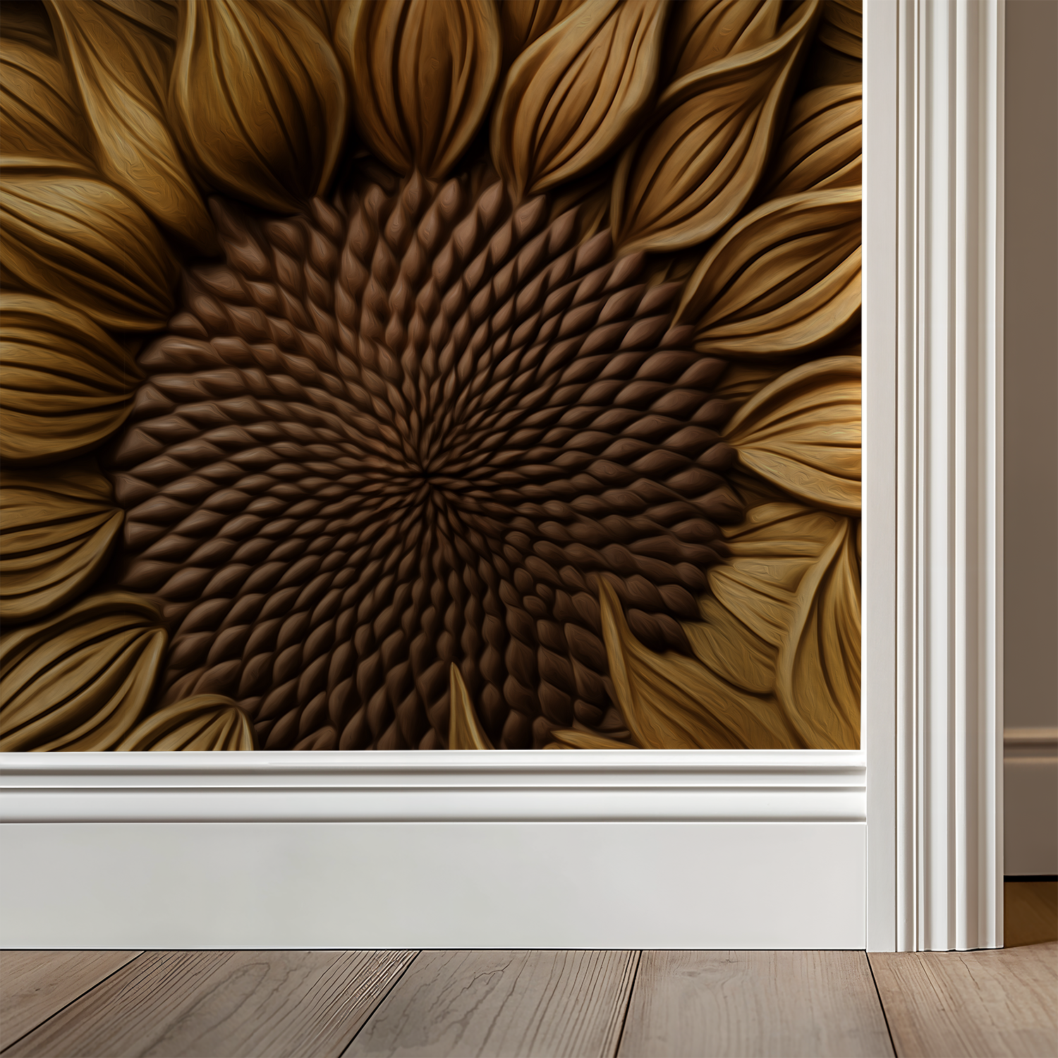 Textured sunflower wallpaper with golden petals and brown center in a room setting.