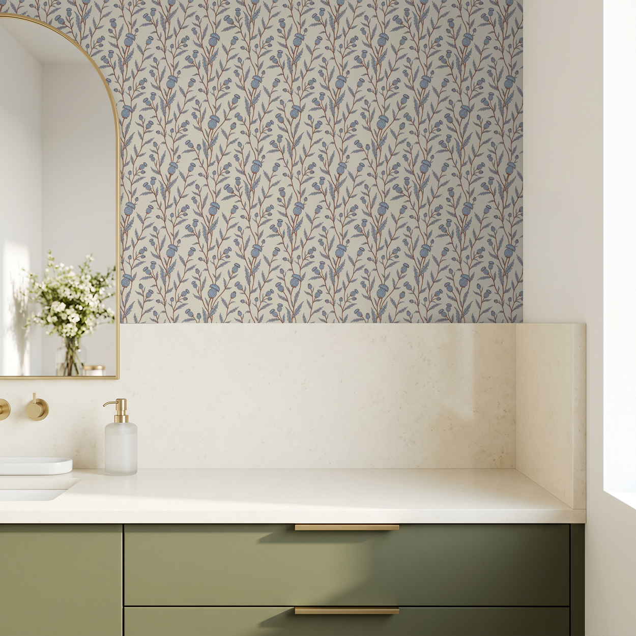 Thistle & Thread wallpaper with blue thistle motifs in a modern bathroom setting.