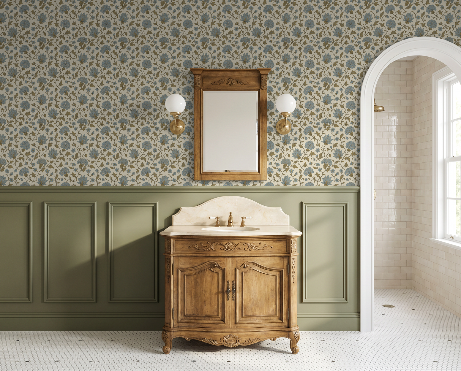 Thornfield Blue floral wallpaper in a classic bathroom with wooden vanity and green wainscoting.