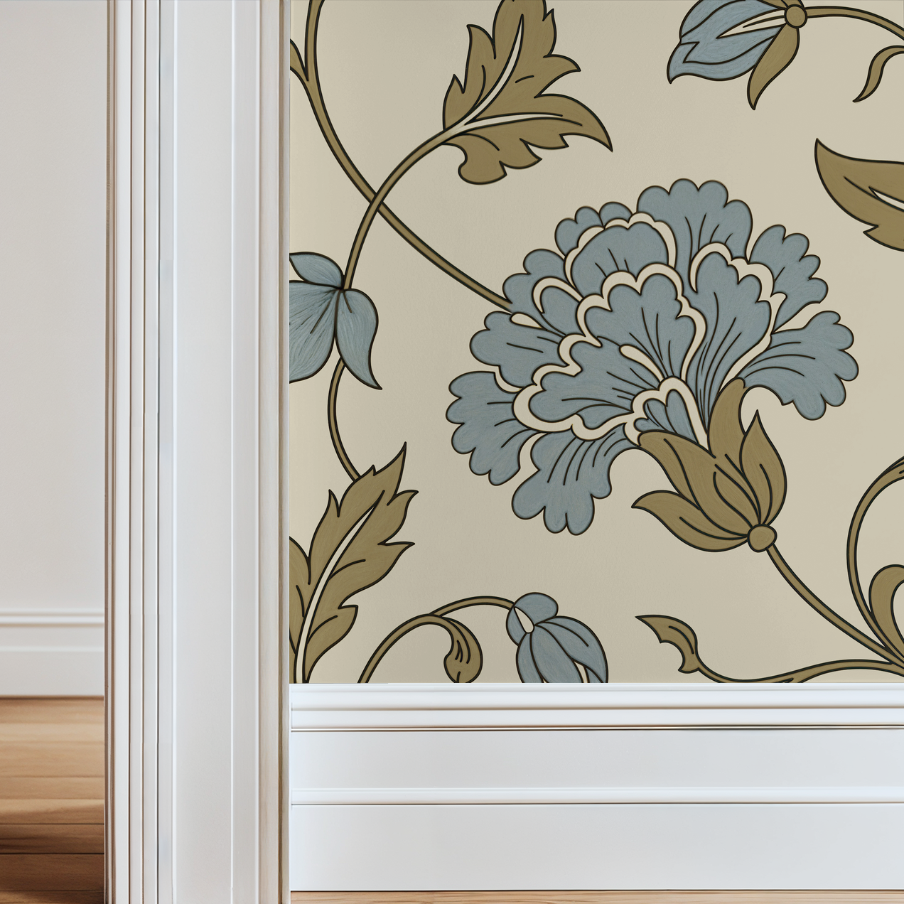 Thornfield Blue floral wallpaper with blue and gold motifs on cream background