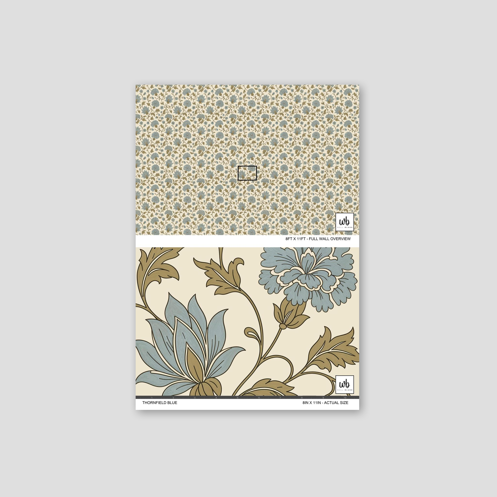 Thornfield Blue wallpaper with intricate blue and gold floral motifs on cream background.