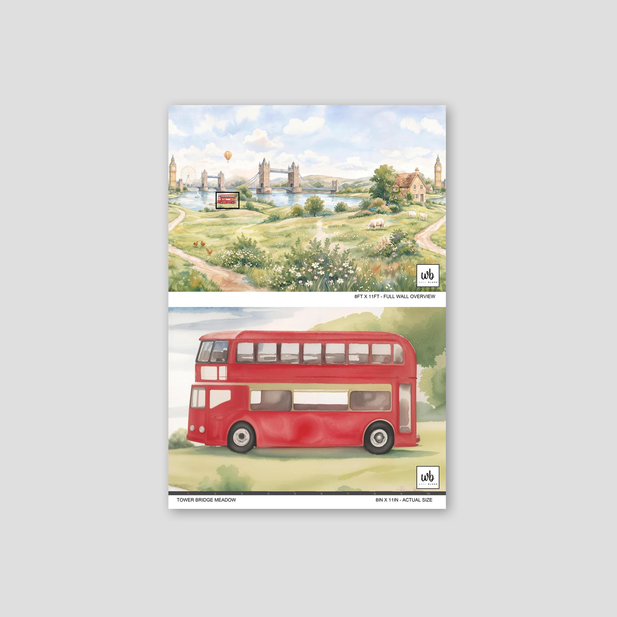 Scenic wallpaper with Tower Bridge, meadows, wildflowers, and red bus in soft pastels.