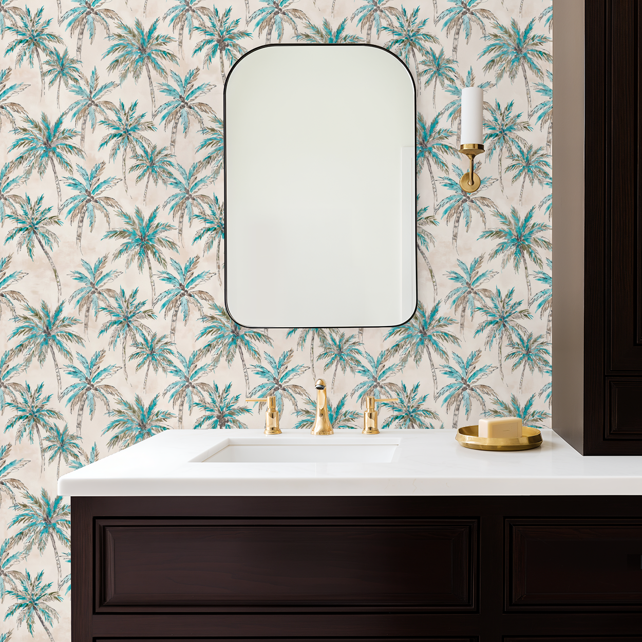 Tropical palm tree wallpaper in bathroom with mirror and dark wood vanity.