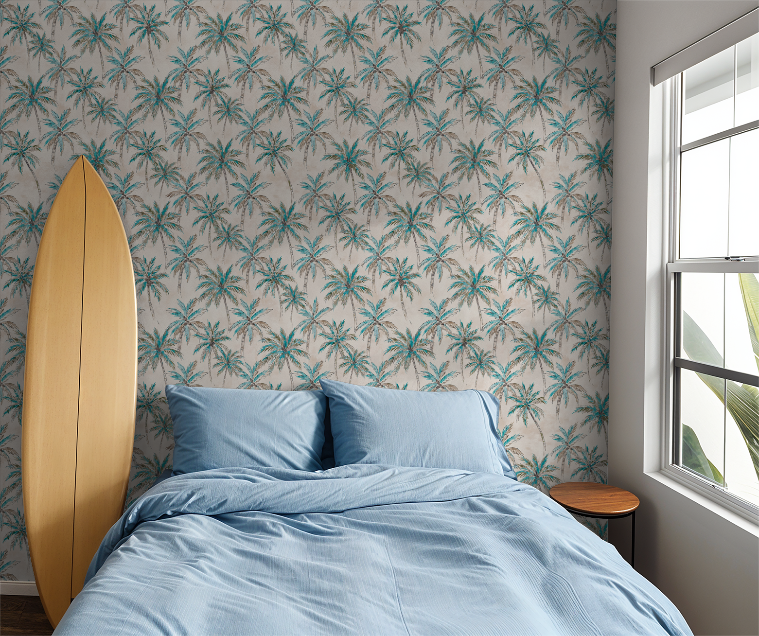 Tropical palm tree wallpaper in bedroom with blue bedding and surfboard decor.