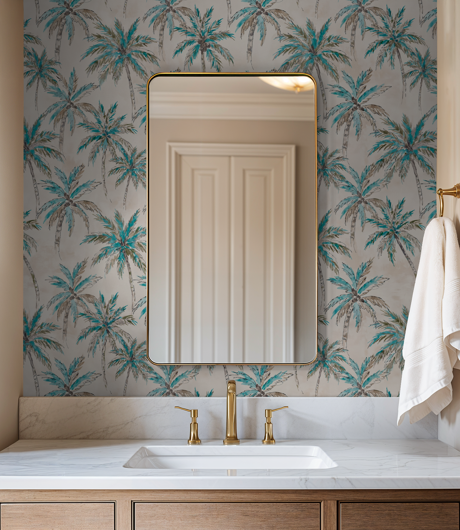 Tropical palm tree wallpaper in turquoise and brown with a bathroom mirror and sink.