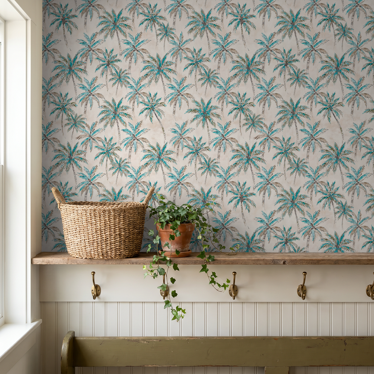 Tropical palm tree wallpaper with turquoise and brown on cream in a cozy room setting.