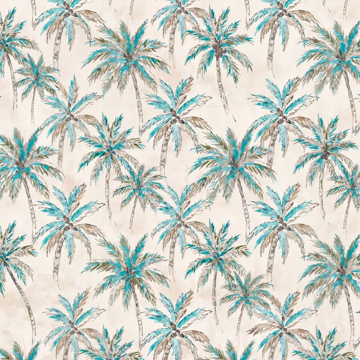 Tropical palm tree wallpaper in turquoise and brown on cream background.