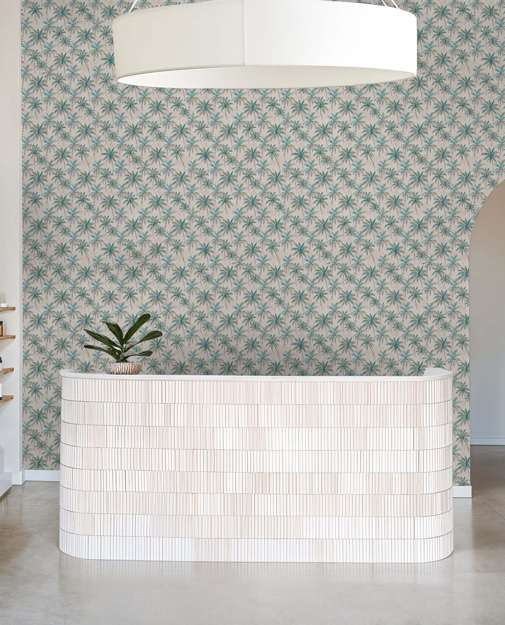 Tropical palm tree wallpaper in turquoise and cream with modern reception desk