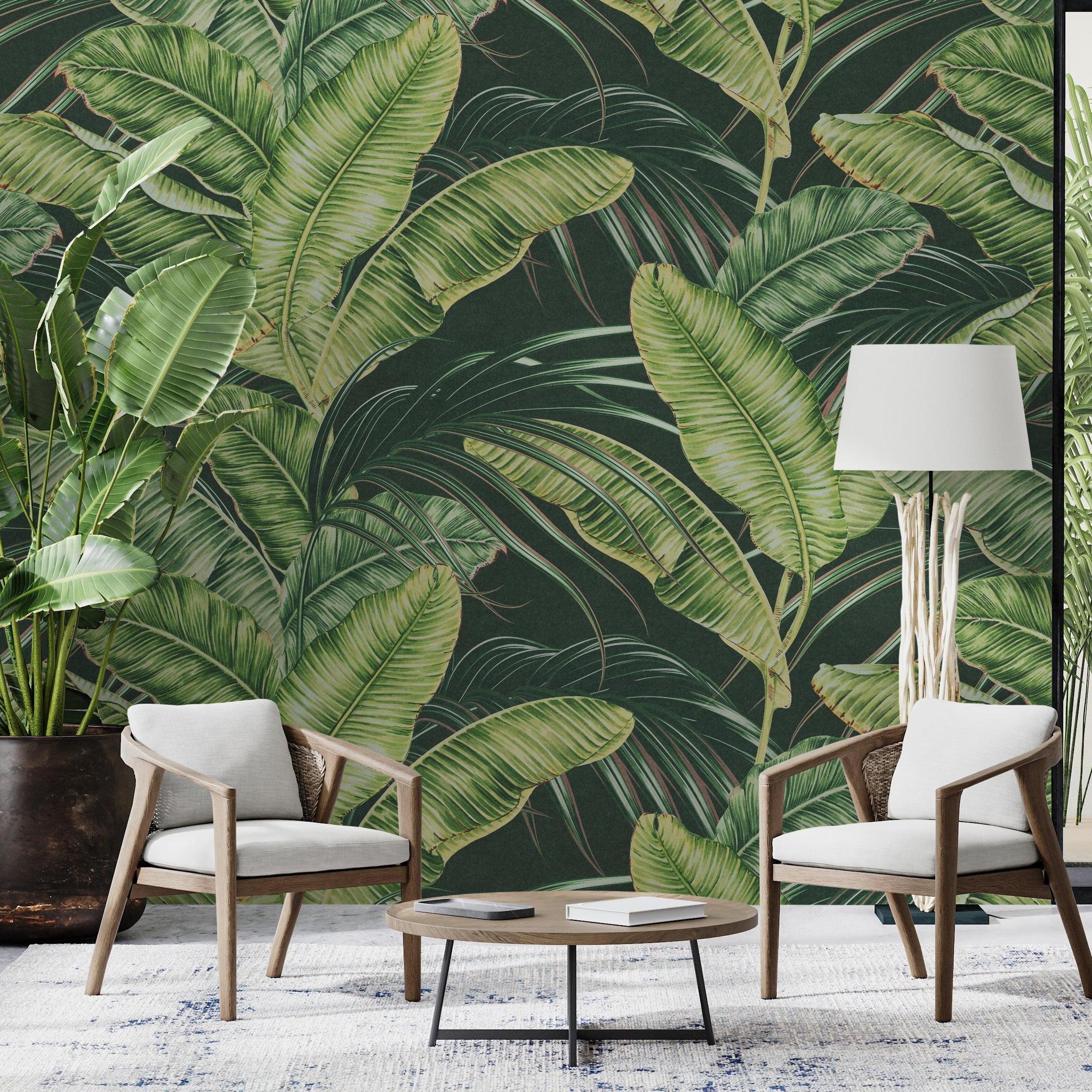 Sterlitzia Wallpaper by Wall Blush SG02 in a stylish living room, highlighting tropical design.
