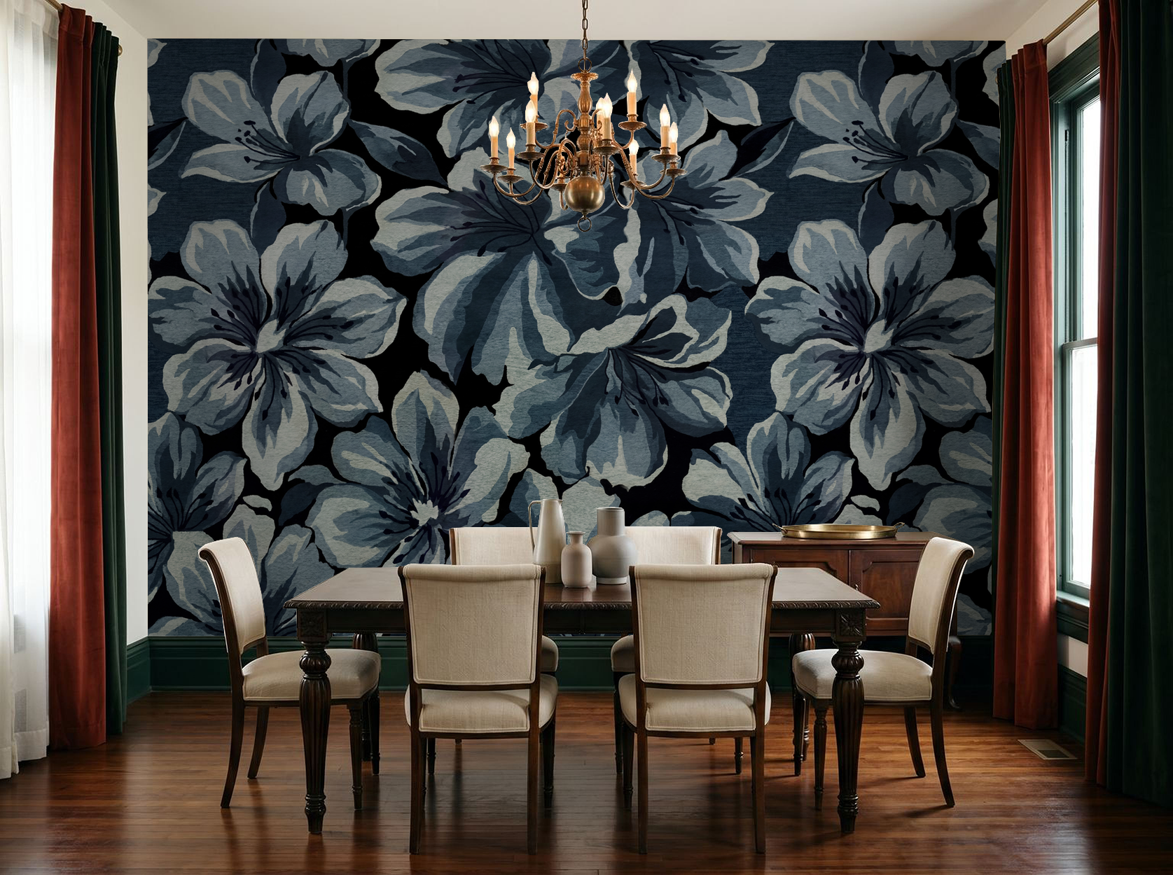 Elegant dining room with Twilight Blooms wallpaper featuring oversized blue flowers on dark background.