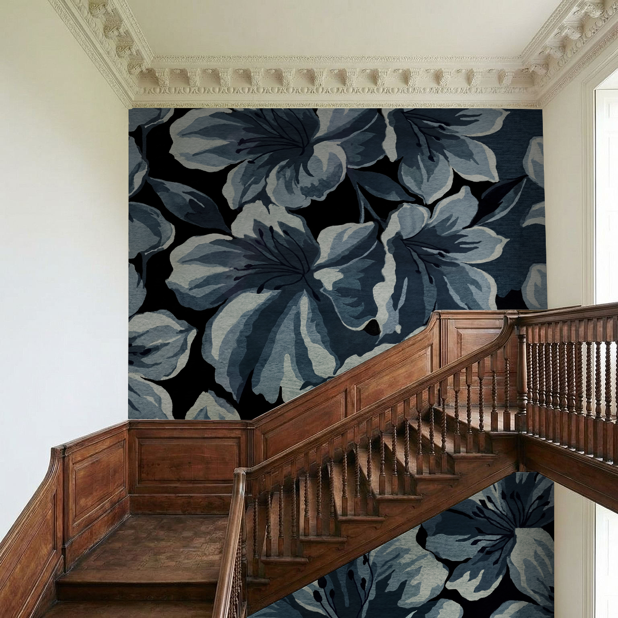 Twilight Blooms wallpaper with oversized blue flowers on dark background in elegant stairway.