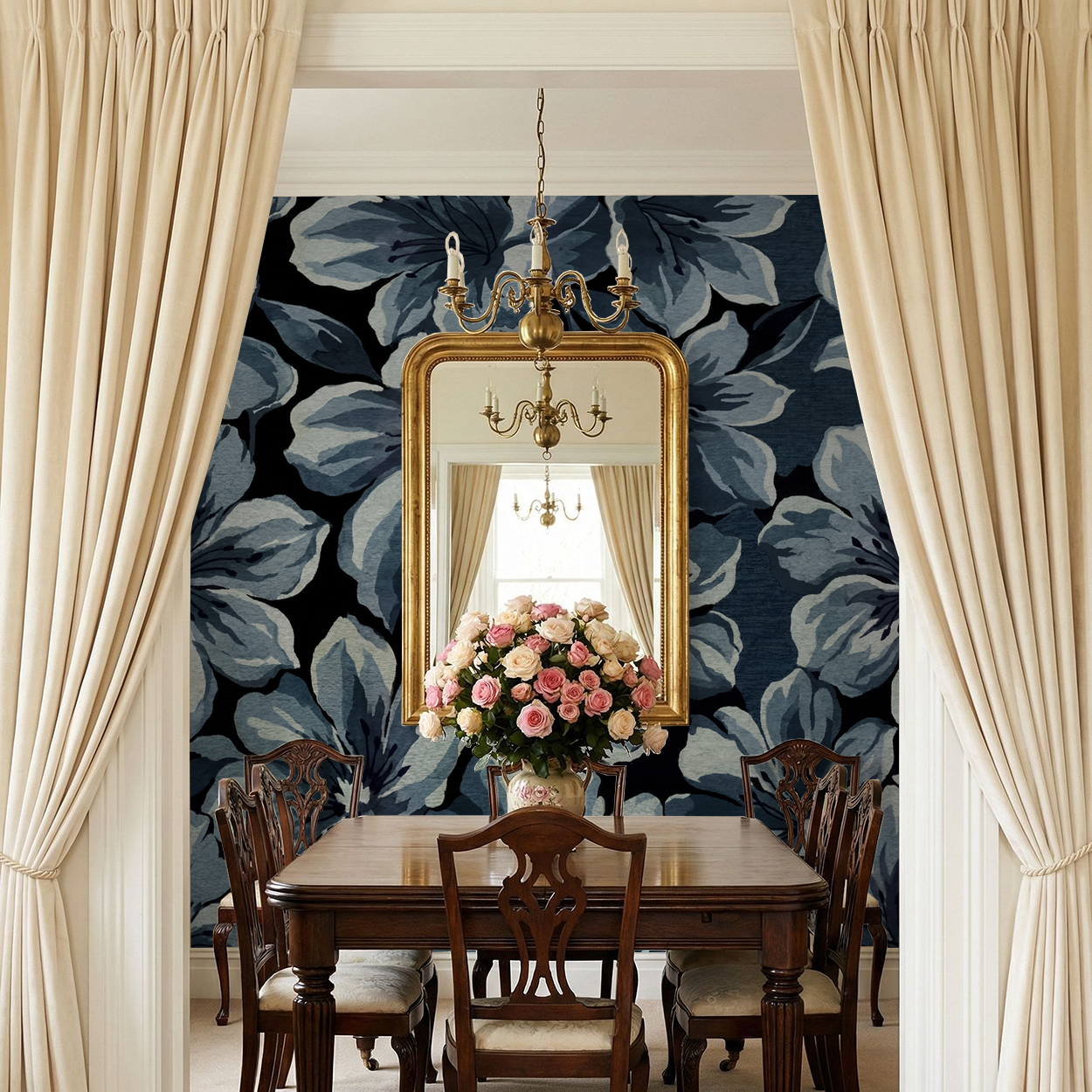 Elegant dining room with Twilight Blooms wallpaper, featuring oversized blue flowers on a dark backdrop.